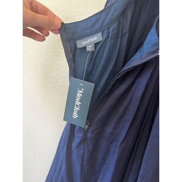 NWT! ModCloth Vintage Inspired Navy Blue Open Back Cross Strap Linen Dress Size - Picture 5 of 8
